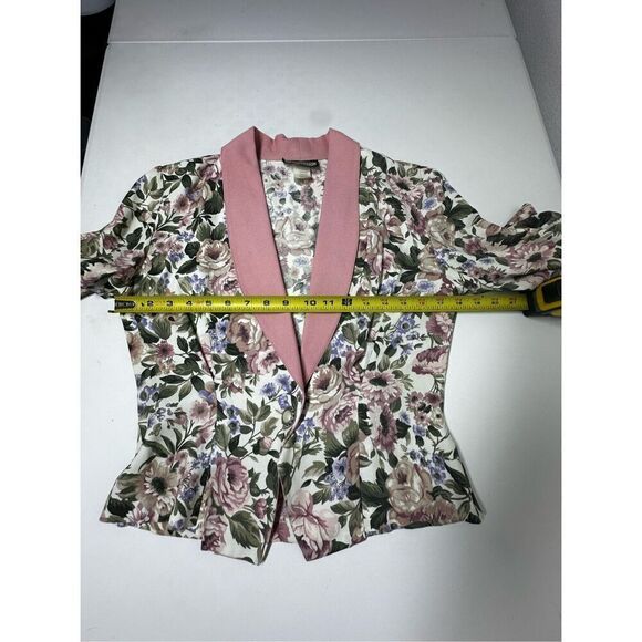 Rare Vintage Wrapper Bohemian 2 pcs Floral Print Suit Blazer Skirt Pink Trim SzS - Picture 13 of 16